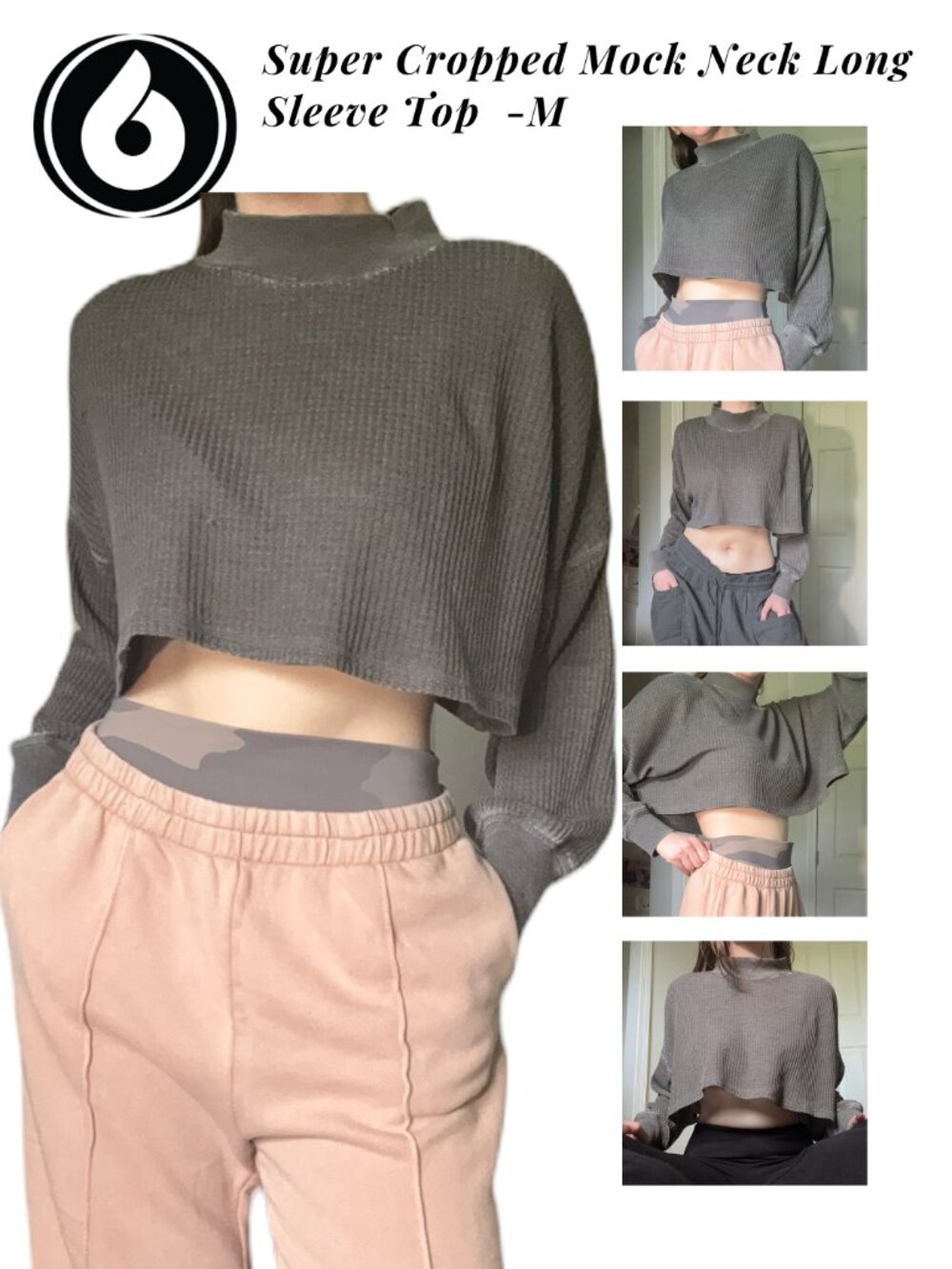 Mono B Super Cropped Mock Neck Long Sleeve Top Moss Brown Green -M